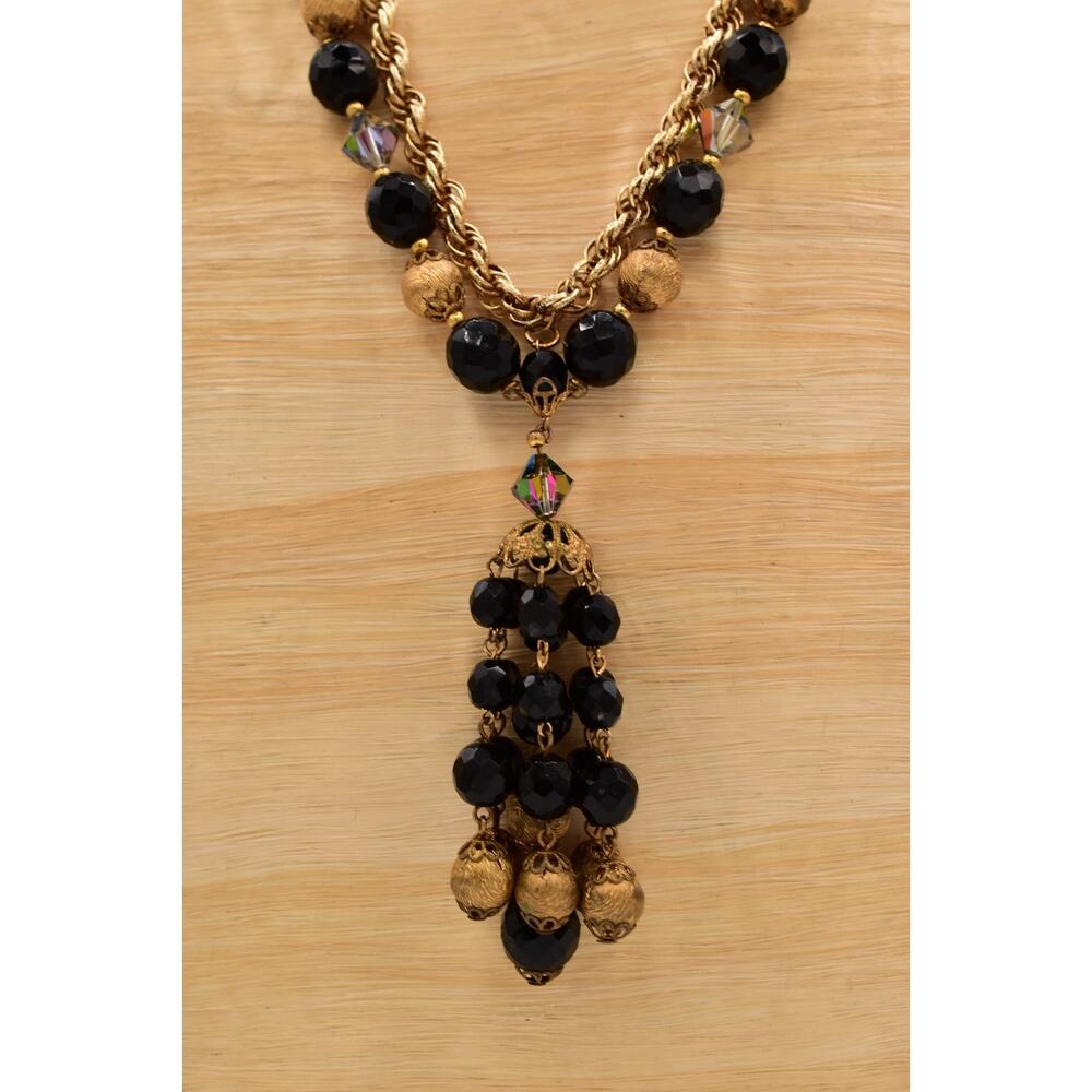 Vintage Black Beaded Tassel Necklace Gold Chain Filigree Drop Statement BinBQ